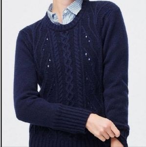J CREW Pointelle Lambs Wool Navy Cable Knit Sweater S Academia Preppy